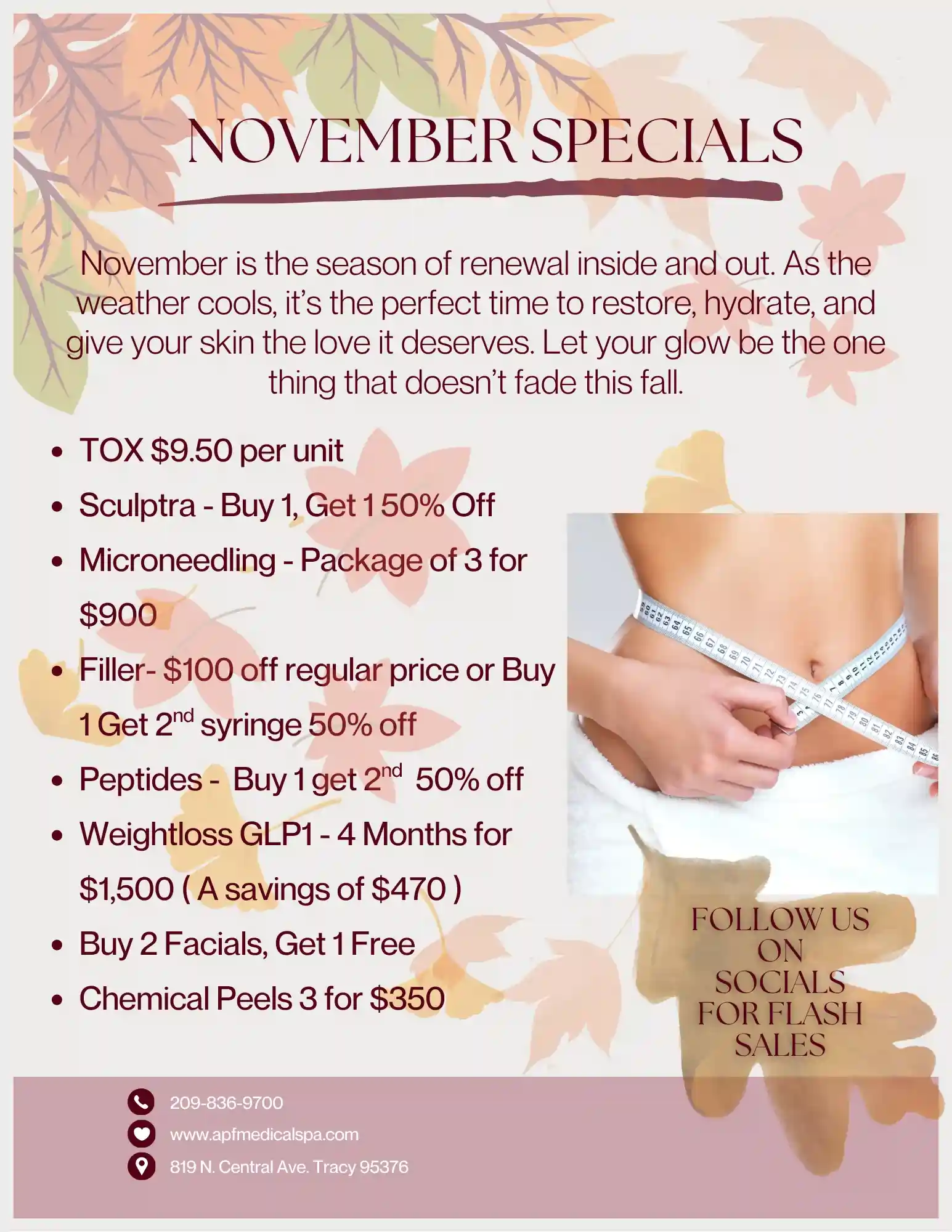 Promotional flyer highlighting body contouring and skincare treatment specials in Tracy, CA | A Perfect Finnish Medical Spa