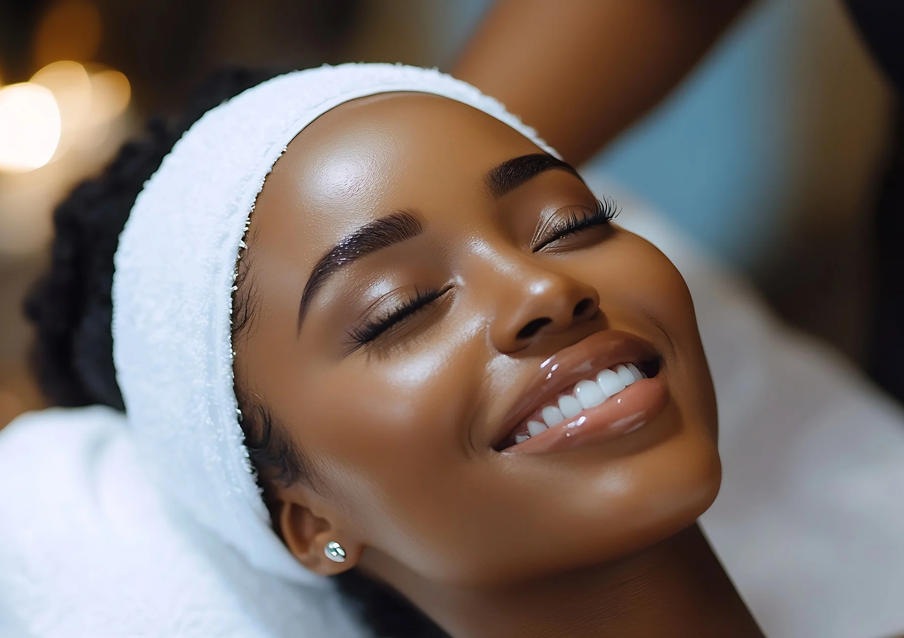 Woman smiling with glowing skin after facial rejuvenation treatment in Tracy, CA | A Perfect Finnish Medical Spa